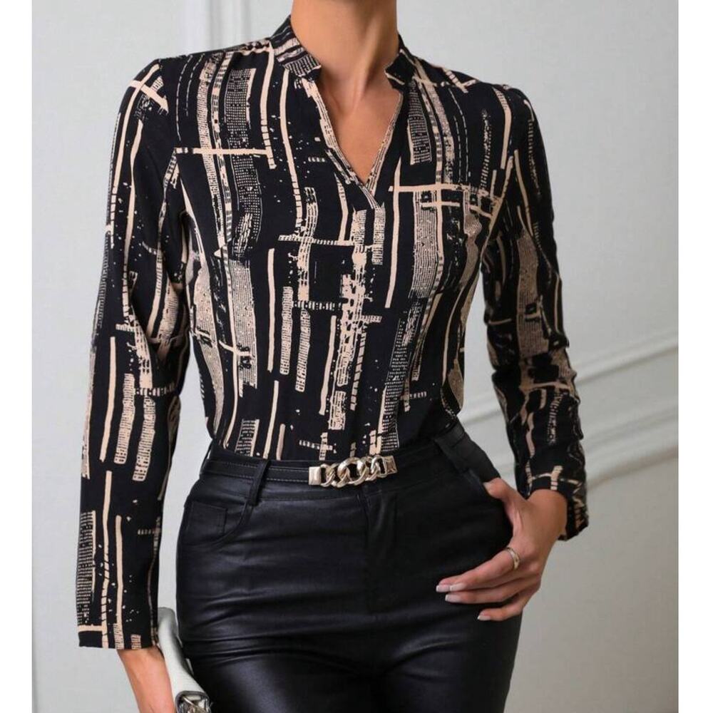 Shein Black Abstract Pattern V-Neck Long Sleeve Blouse Large